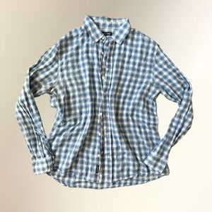 Michael Kors Blue and White Plaid Long-Sleeve Linen/Cotton Button-Down Shirt